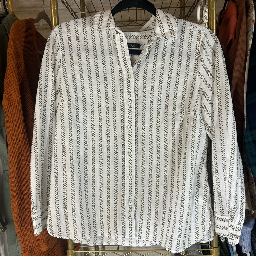 Talbots Women’s Casual White Shirt with Green Floral Pattern